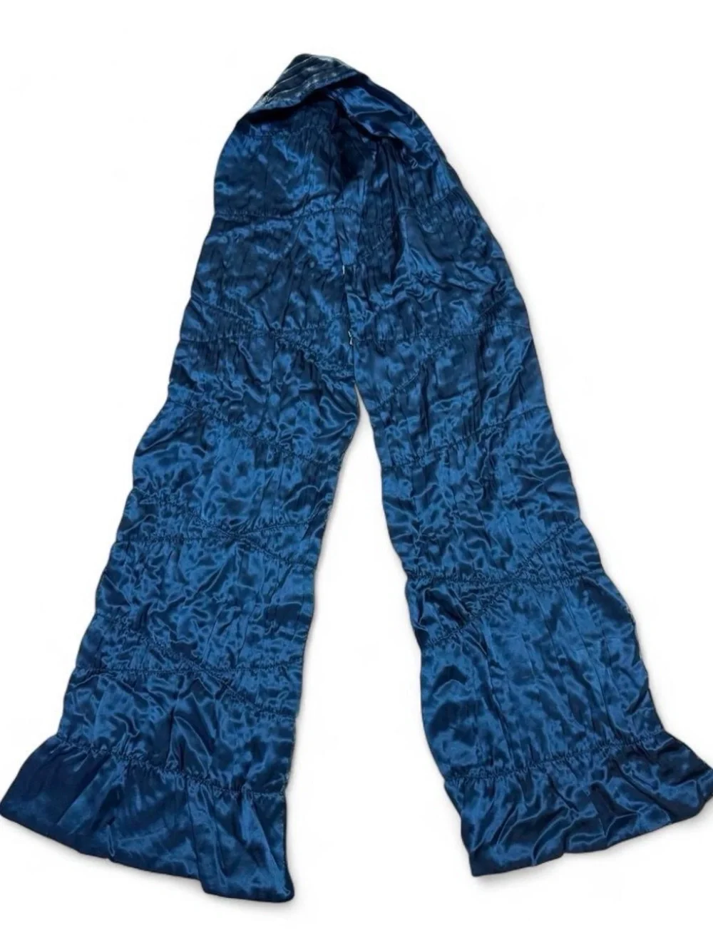 VTG Liz Claiborne Y2K Silk Blend Scarf Blue Teal Beaded Ruffle Trim Satin Wrap